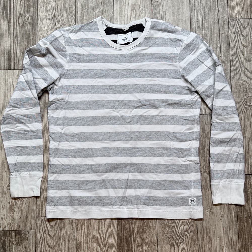 Reigning Champ Gray and White Striped French Terry Sweatshirt.